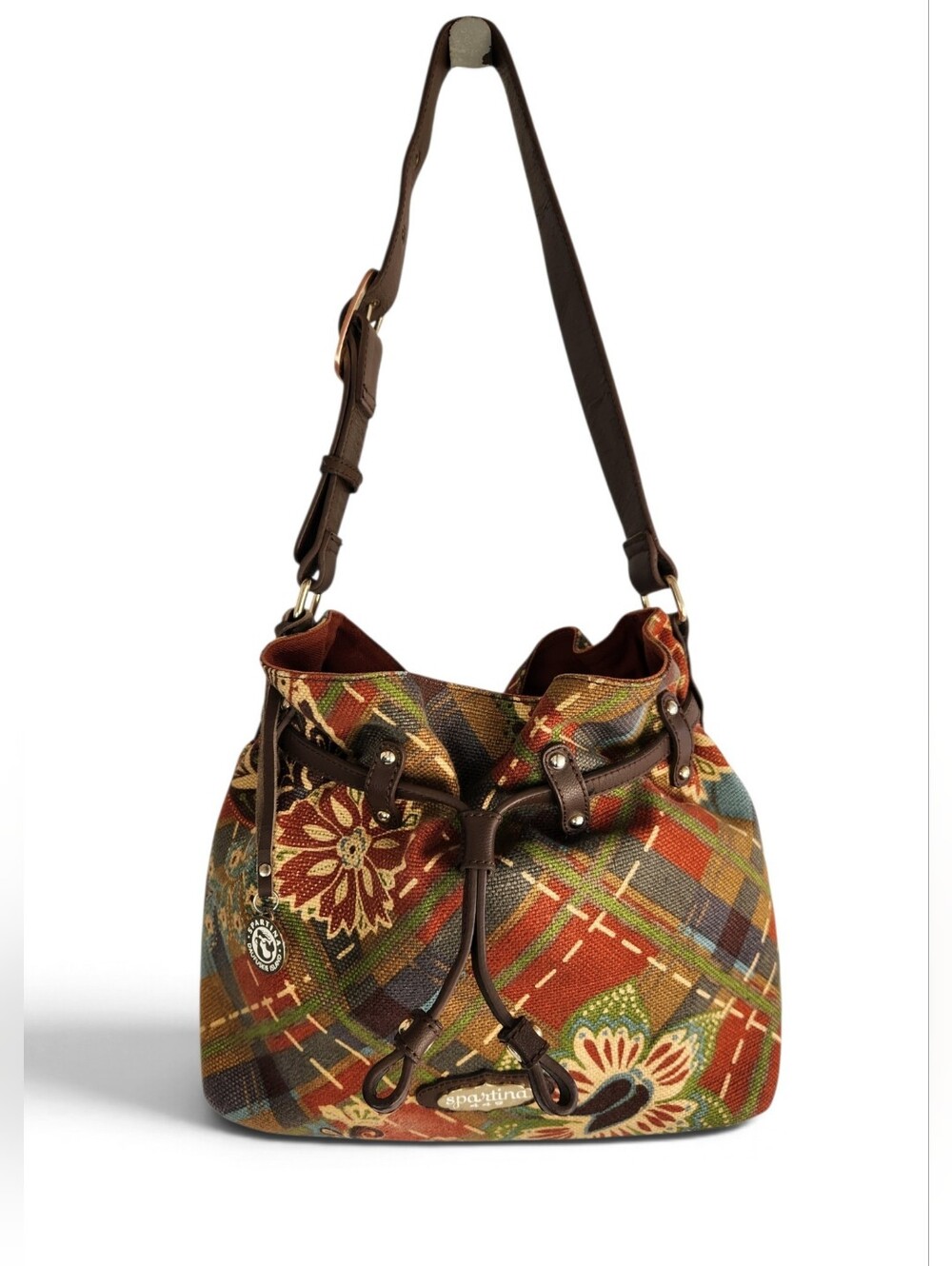 Spartina 449 Linen and Leather Hobo Drawstring Bucket Bag Gracie Plaid Floral
